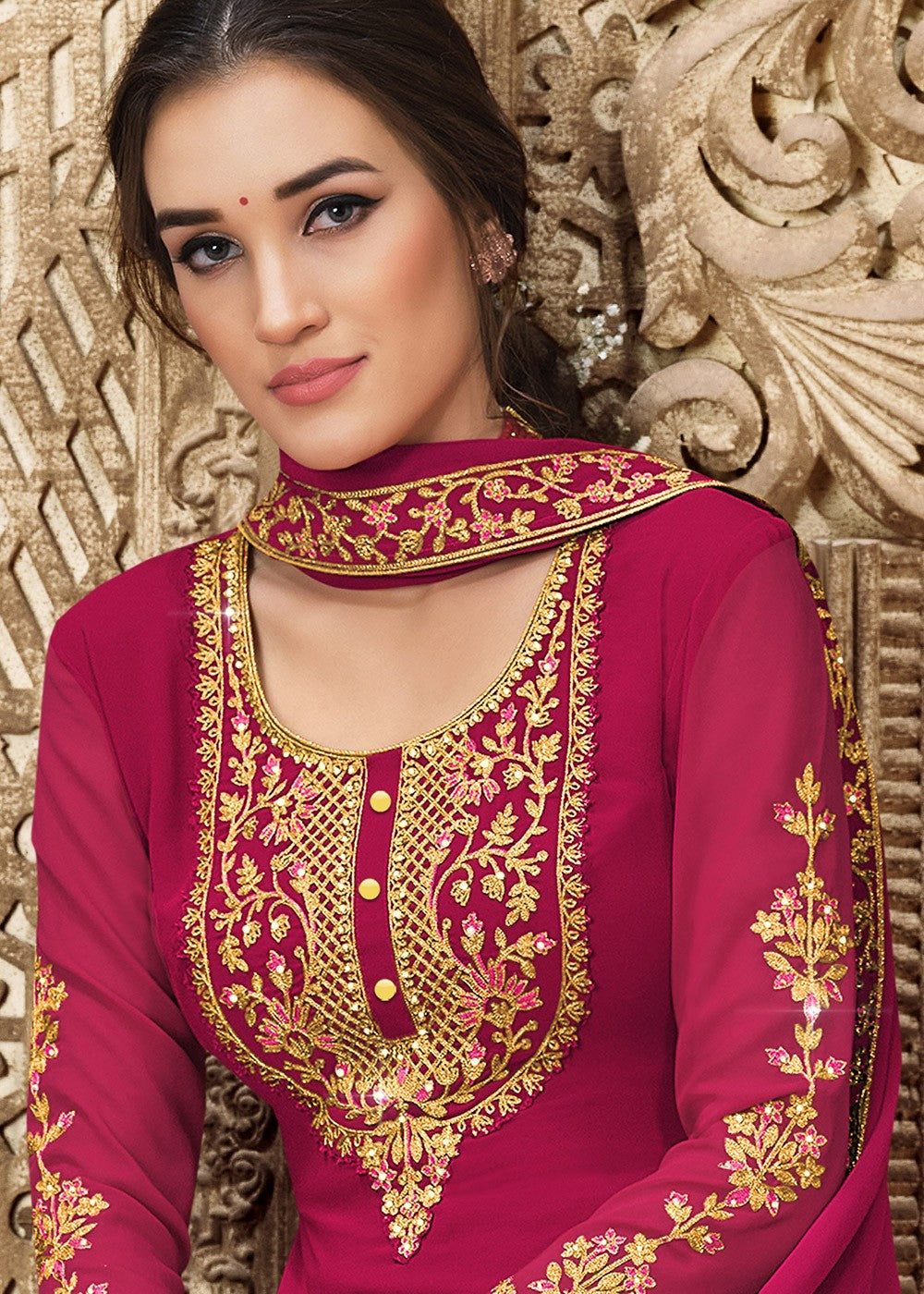 Buy Georgette Cerise Pink Suit - Heavy Embroidered Pant Suit