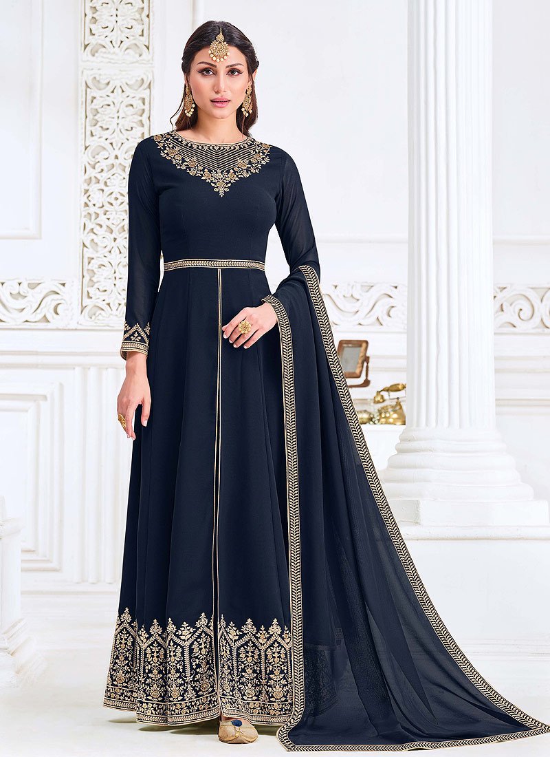 Buy Front Slit Navy Blue Anarkali - Zari Embroidered Anarkali Suit