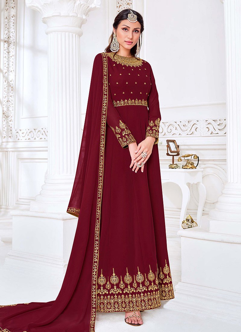 Buy Front Slit Deep Maroon Anarkali - Zari Embroidered Anarkali Suit
