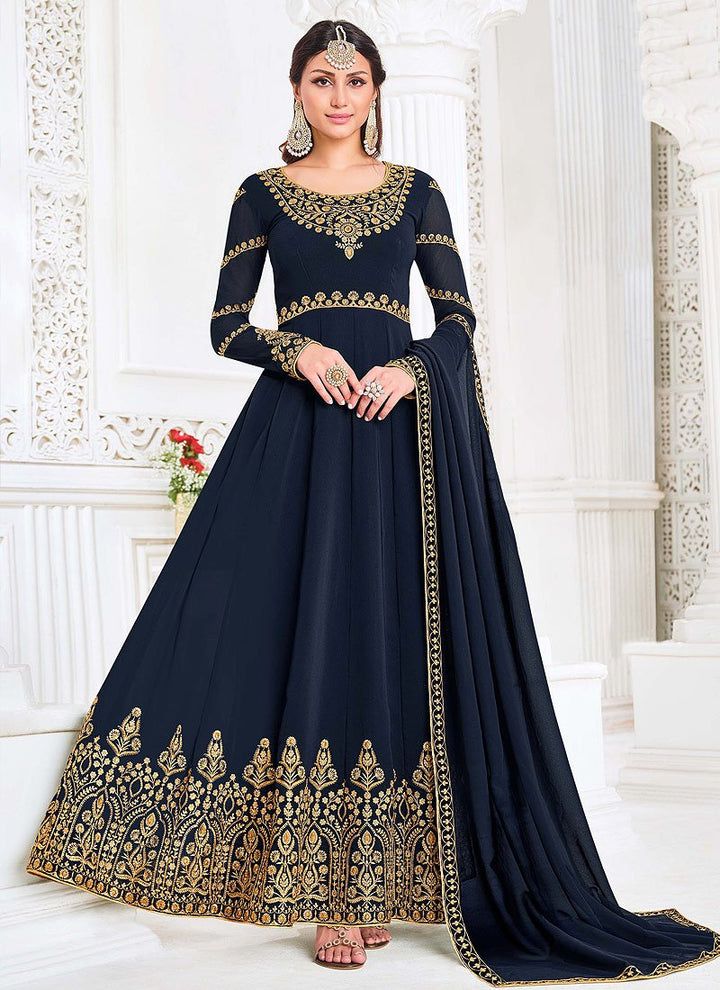 Buy Front Slit Prussian Blue Anarkali - Zari Embroidered Anarkali Suit
