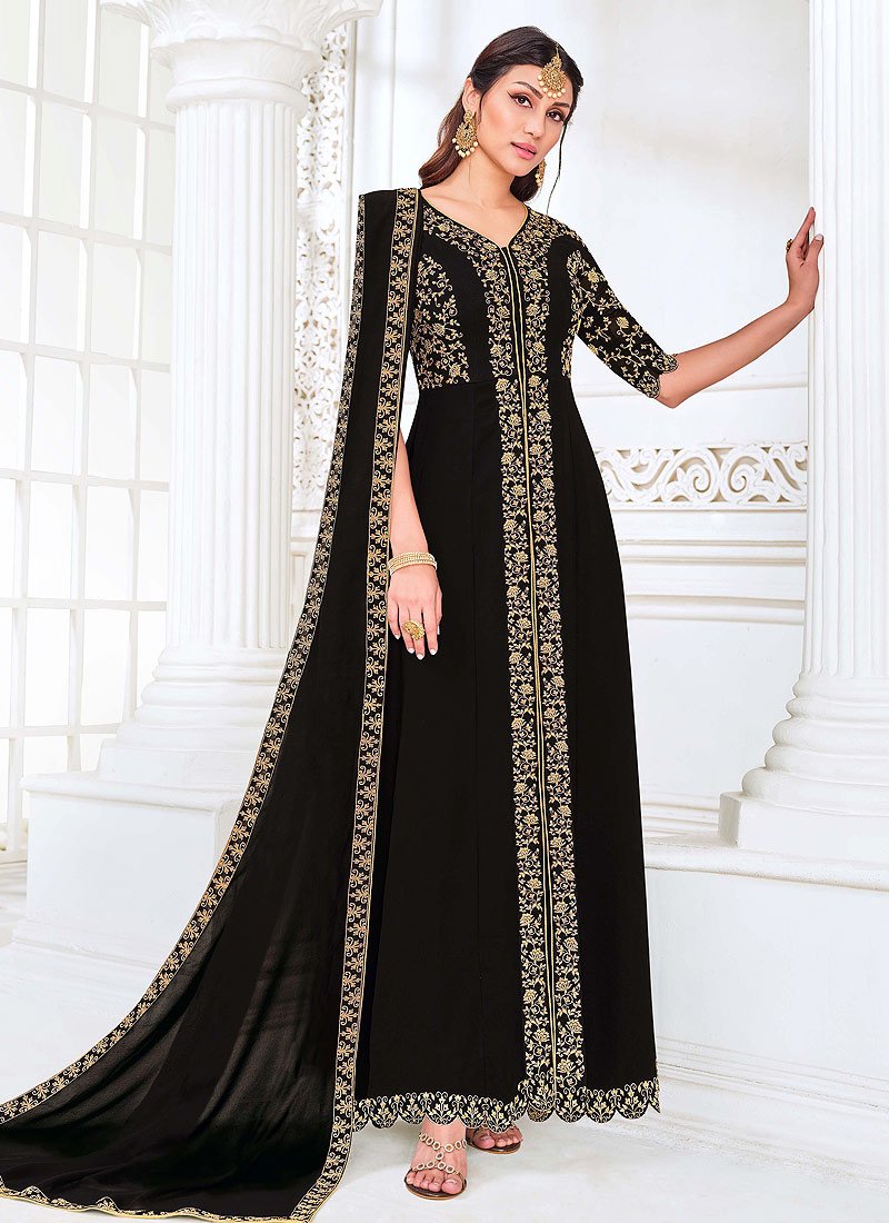 Buy Front Slit Black Anarkali - Zari Embroidered Anarkali Suit