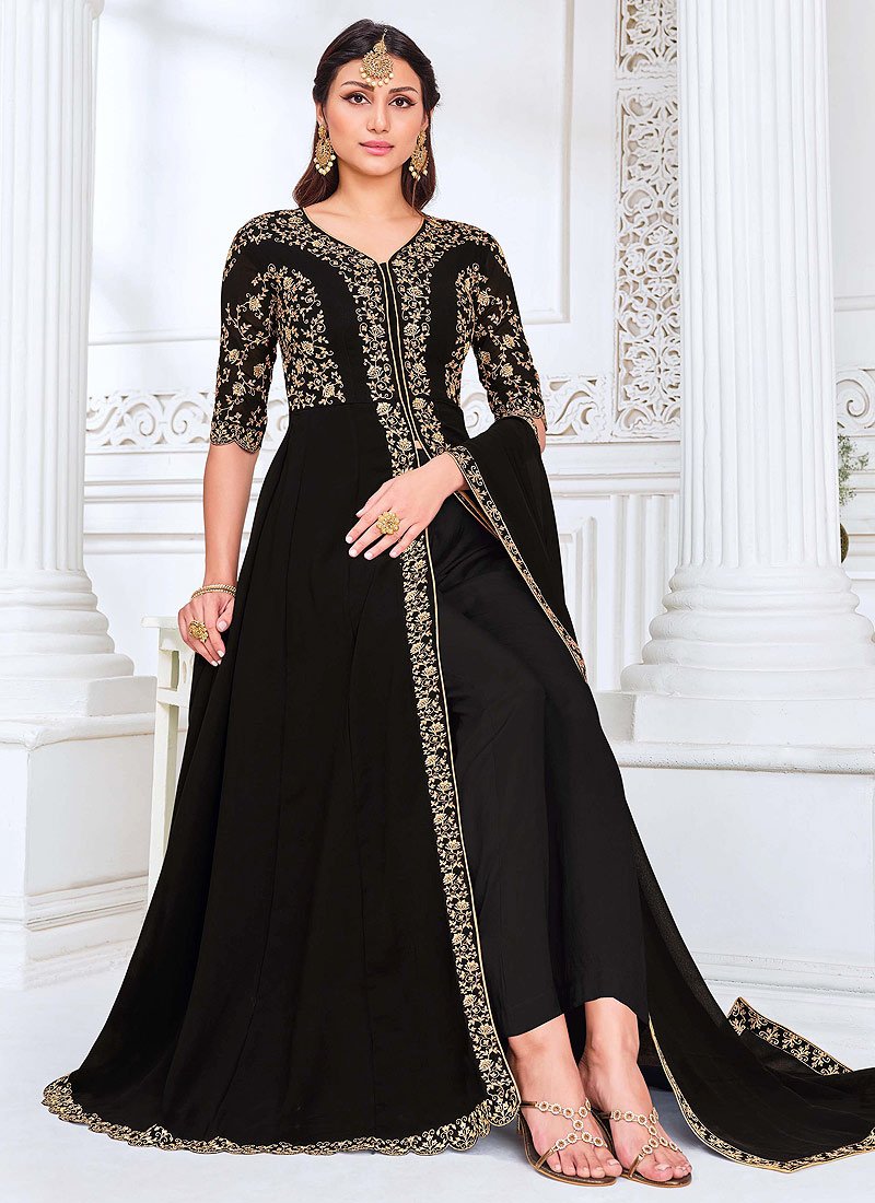 Buy Front Slit Black Anarkali - Zari Embroidered Anarkali Suit