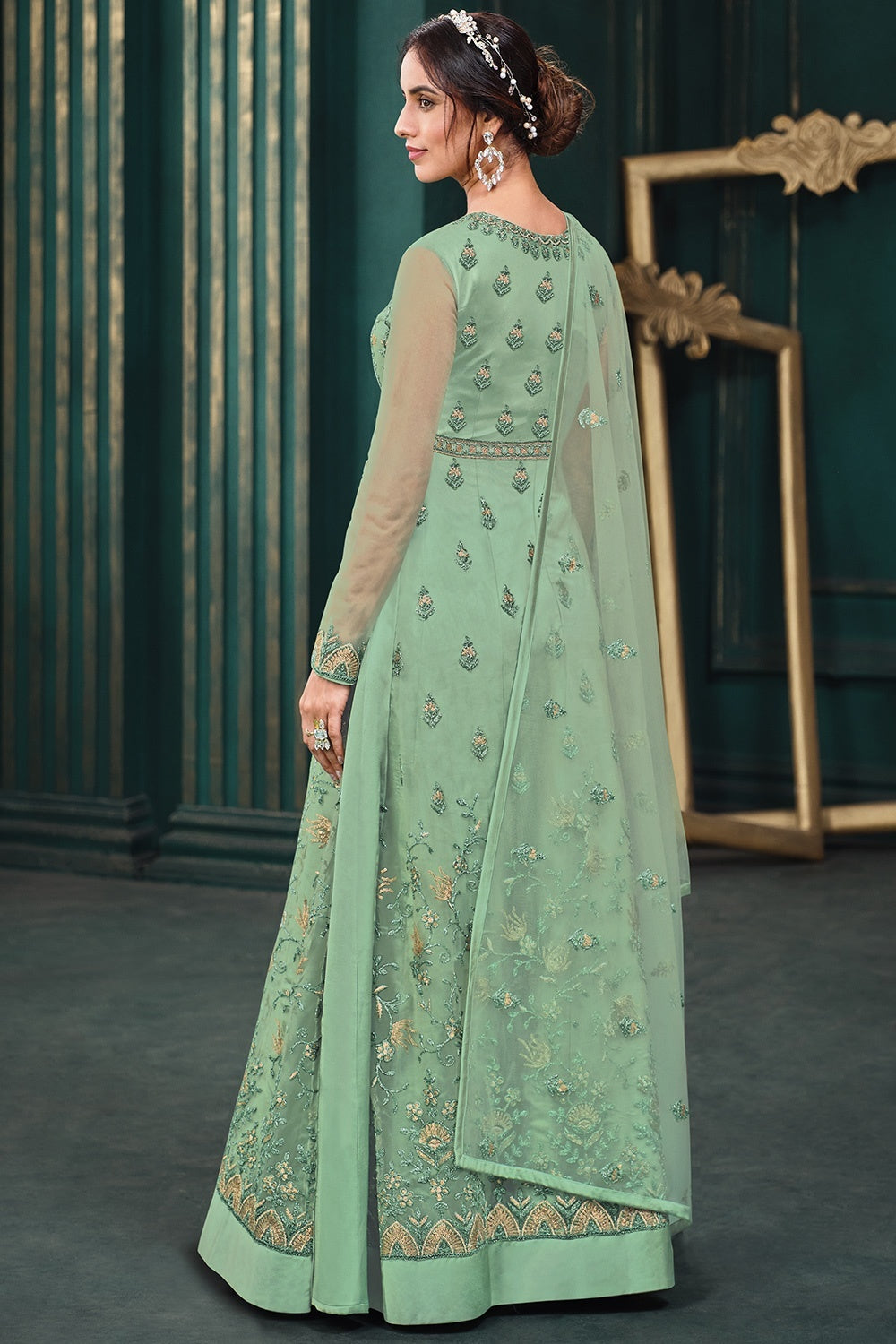 Buy Wedding Party Sage Green Anarkali - Net Designer Anarkali Suit