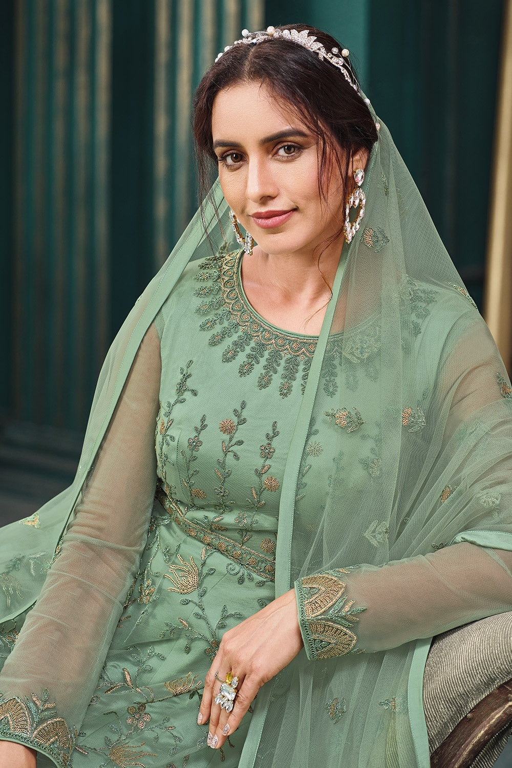 Buy Wedding Party Sage Green Anarkali - Net Designer Anarkali Suit