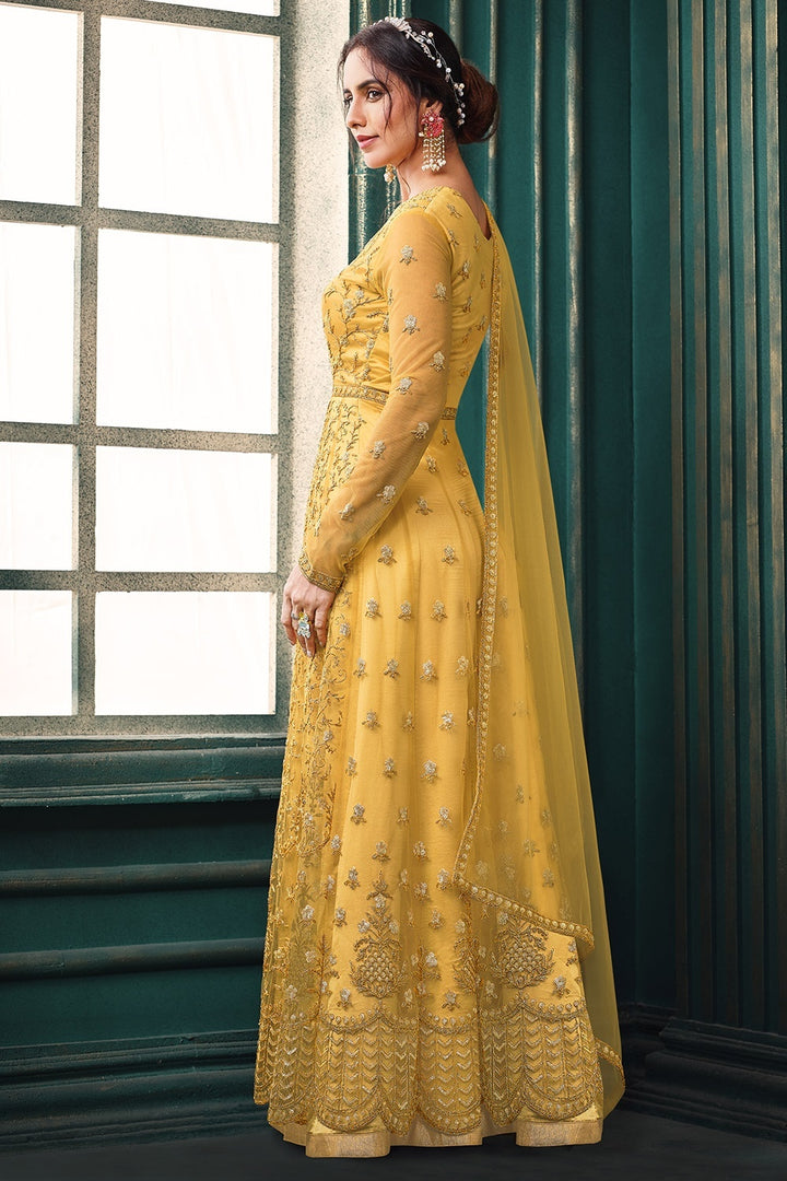 Buy Wedding Party Slit Cut Yellow Anarkali - Net Designer Anarkali Suit