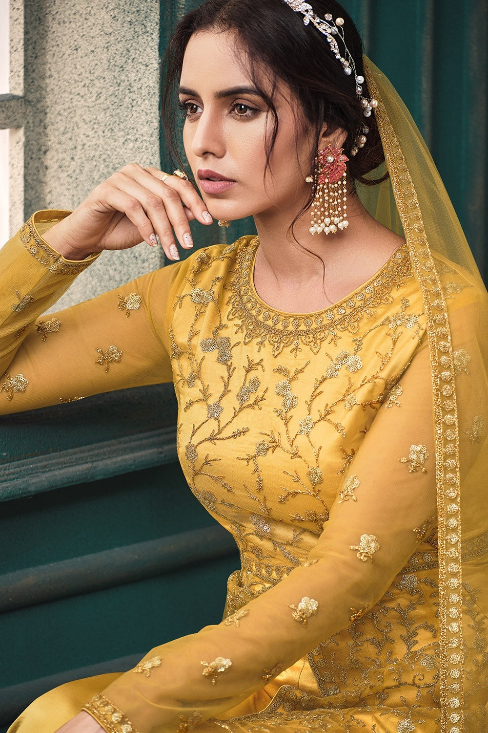Buy Wedding Party Slit Cut Yellow Anarkali - Net Designer Anarkali Suit