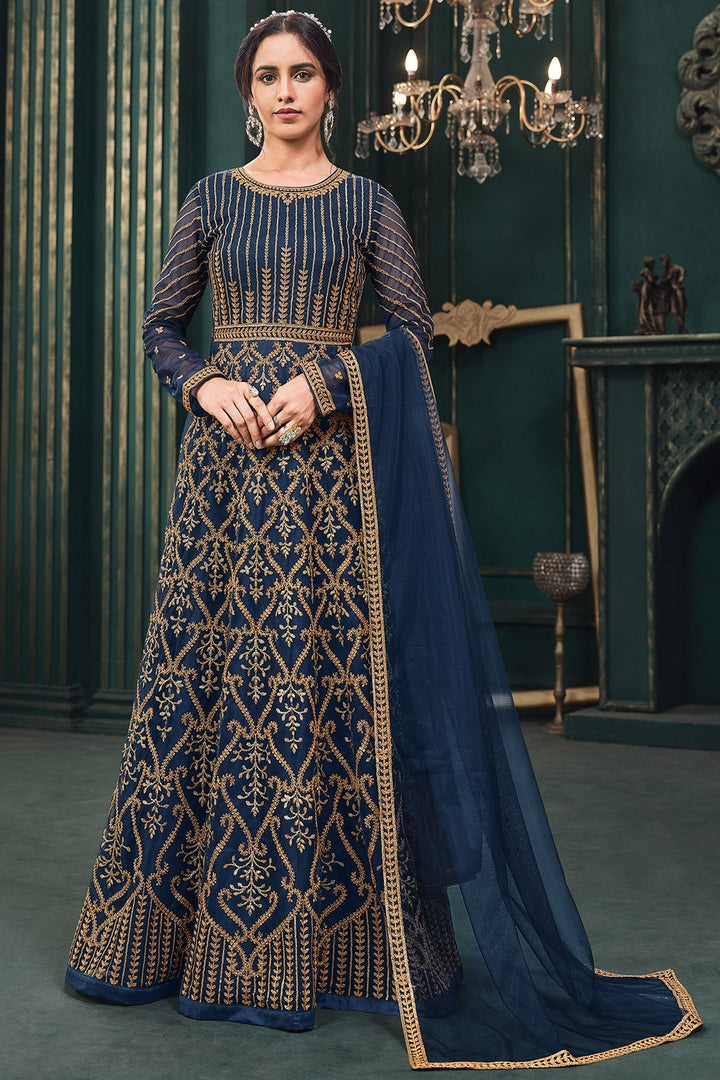 Buy Wedding Party Navy Blue Anarkali - Net Designer Anarkali Suit