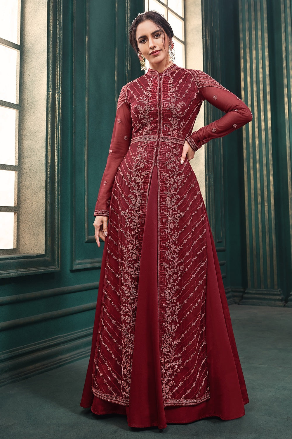 Maroon Designer Anarkali Gown In Rayon With Lucknowi Chikankari Embroidery  Work | Maroon Anarkali Gown | 3d-mon.com