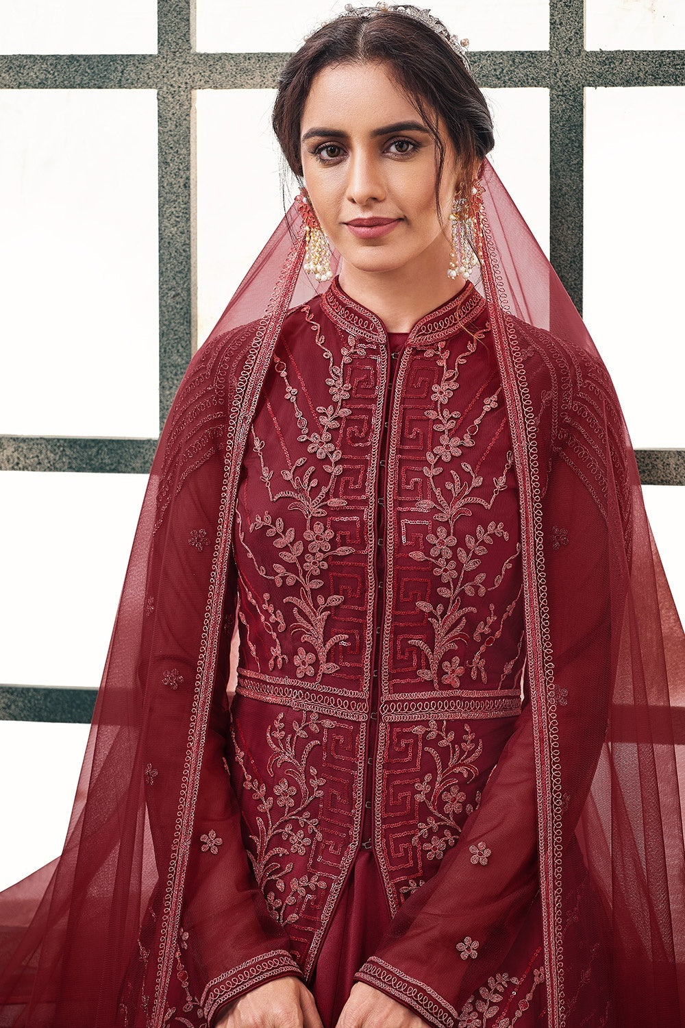 Maroon Embroidered Anarkali Set – Estie Couture