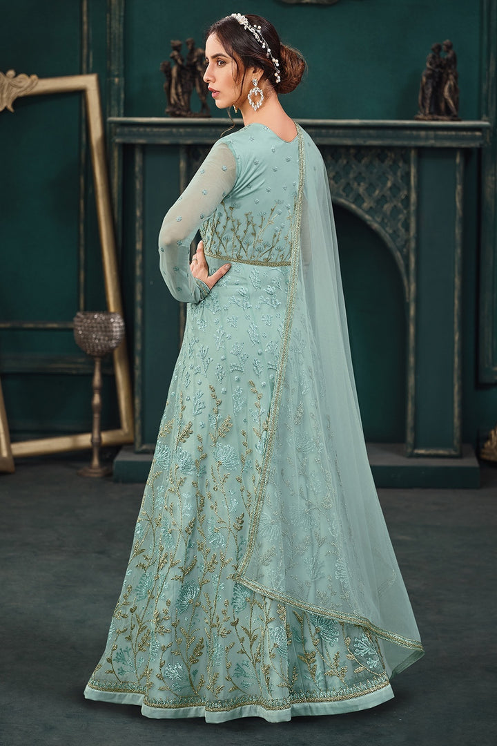 Buy Wedding Party Turquoise Blue Anarkali - Net Designer Anarkali Suit