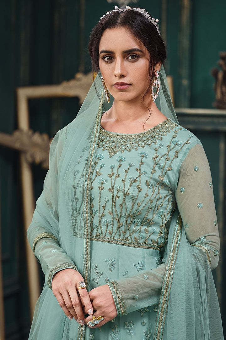 Buy Wedding Party Turquoise Blue Anarkali - Net Designer Anarkali Suit