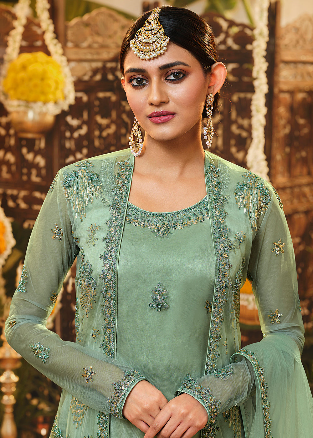 Buy Beautiful Sea Green Embroidered Suit - Jacket Style Salwar Suit