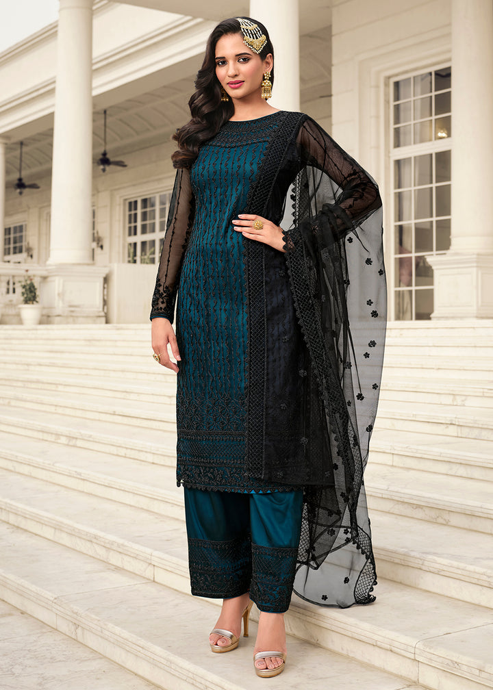 Buy Now Mesmeric Blue & Black Embroidered Pant Style Salwar Suit Online in USA, UK, Canada, Germany & Worldwide at Empress Clothing