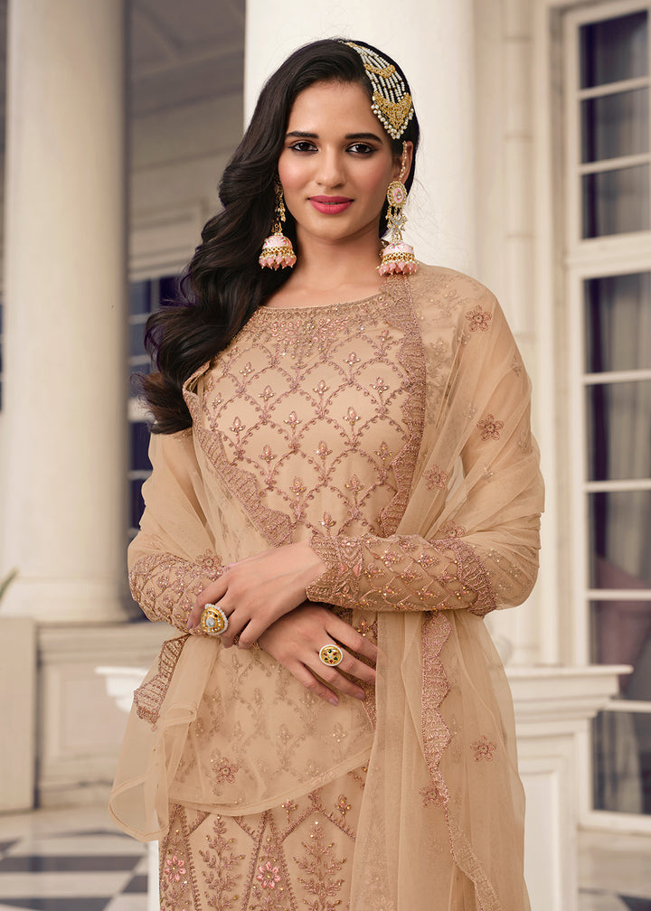 Buy Now Fetching Beige & Gold Embroidered Pant Style Salwar Suit Online in USA, UK, Canada, Germany & Worldwide at Empress Clothing. 