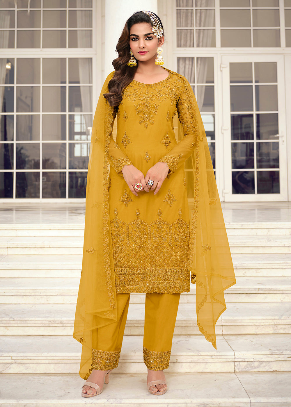 Buy Now Intricate Yellow & Gold Embroidered Pant Style Salwar Suit Online in USA, UK, Canada, Germany & Worldwide at Empress Clothing.