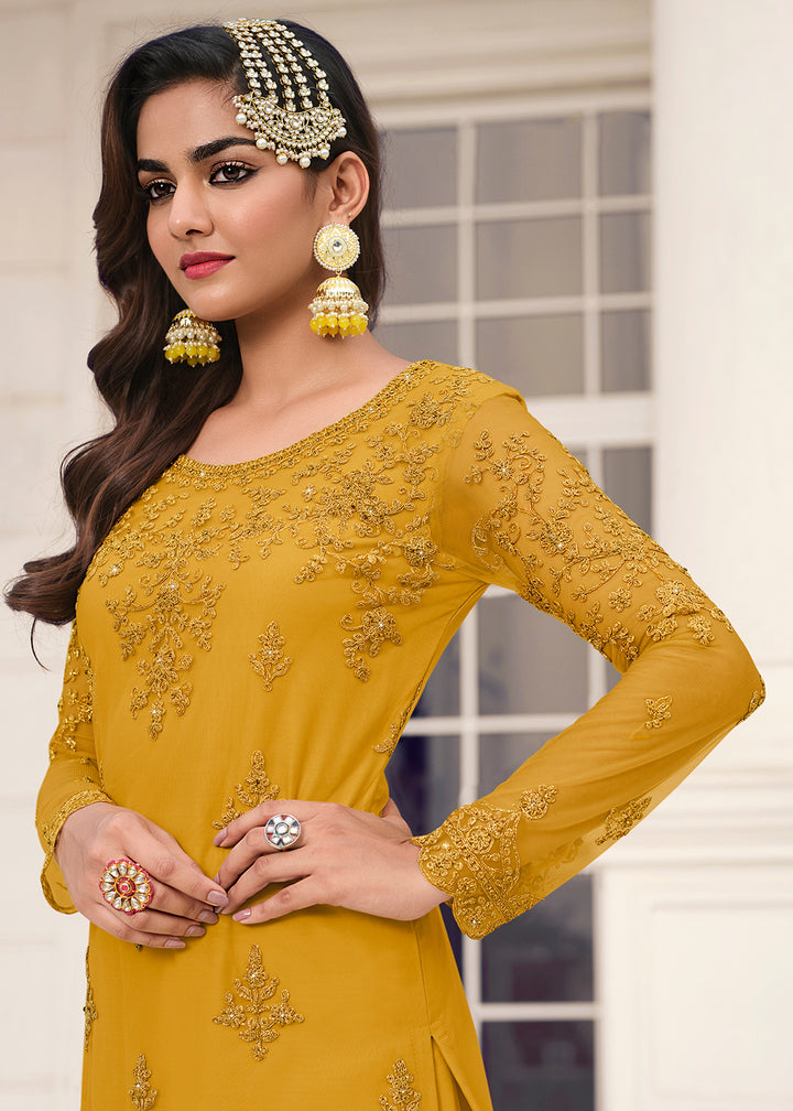 Buy Now Intricate Yellow & Gold Embroidered Pant Style Salwar Suit Online in USA, UK, Canada, Germany & Worldwide at Empress Clothing.
