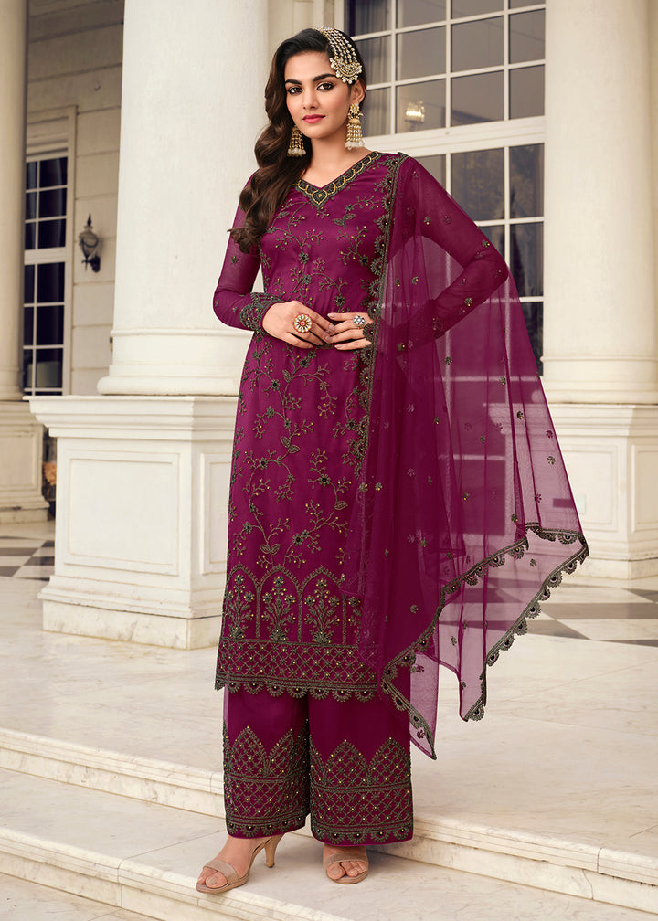 Buy Now Admirable Wine & Gold Embroidered Pant Style Salwar Suit Online in USA, UK, Canada, Germany & Worldwide at Empress Clothing.