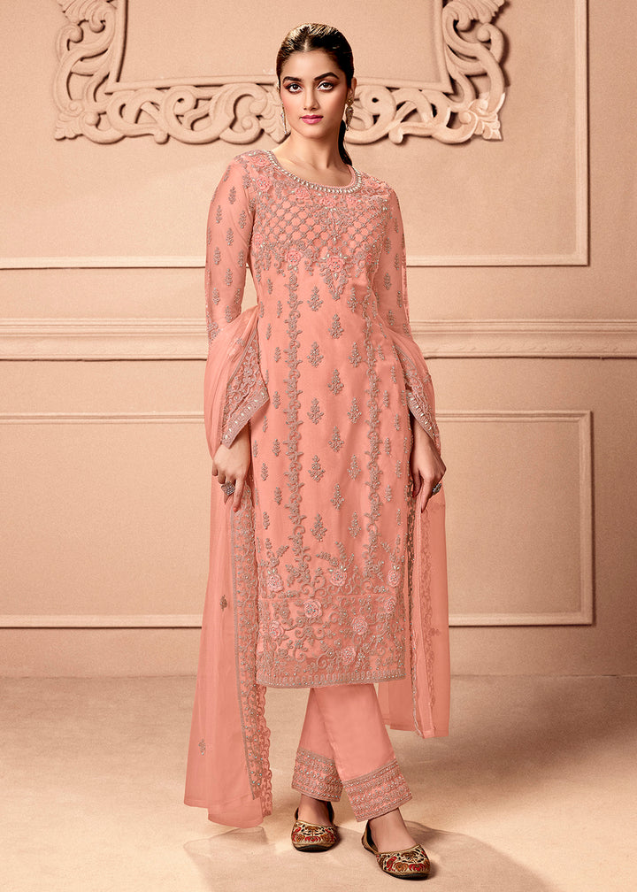 Buy Now Pant Style Appealing Peach Embroidered Wedding Salwar Suit Online in USA, UK, Canada & Worldwide at Empress Clothing.