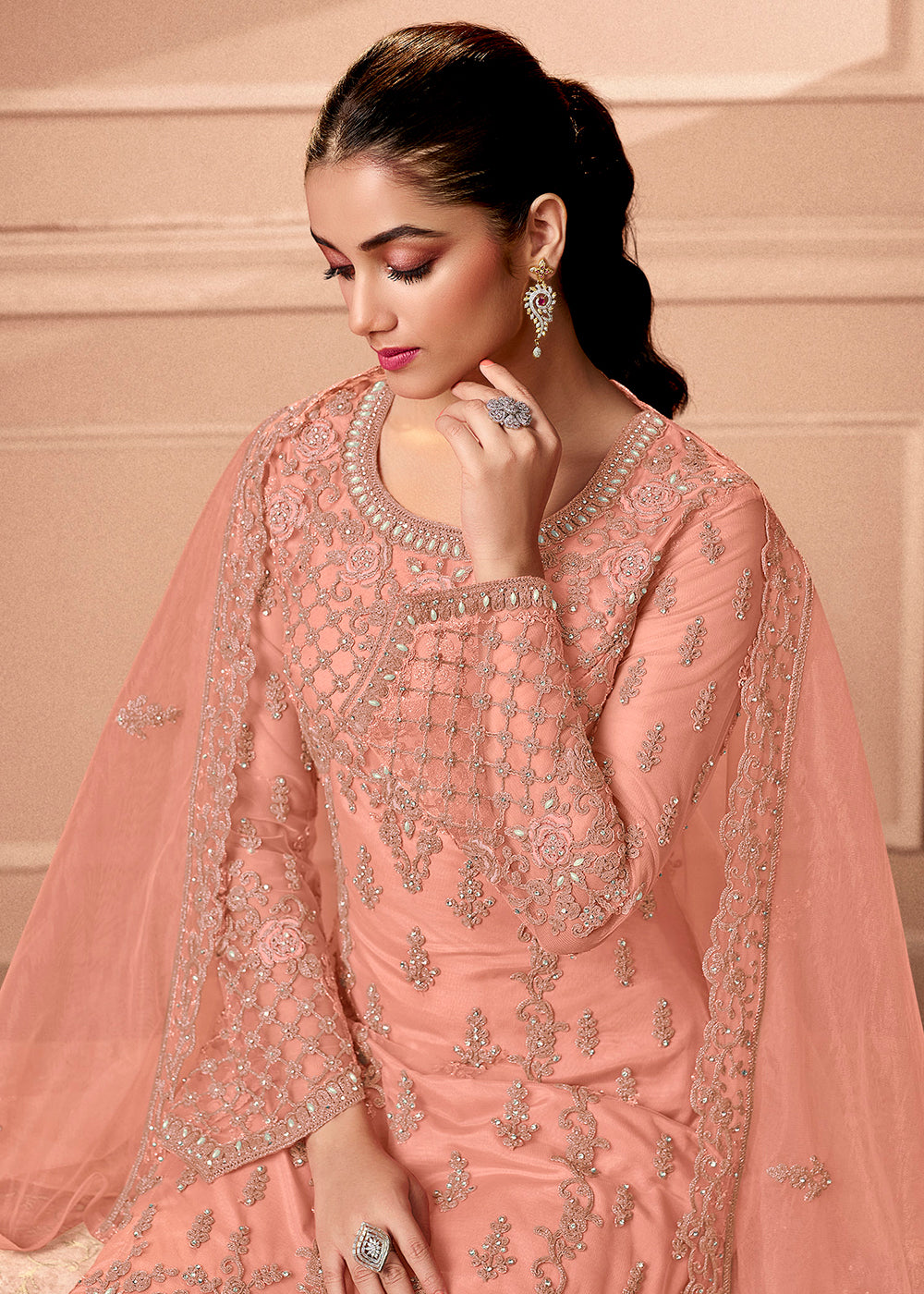 Buy Now Pant Style Appealing Peach Embroidered Wedding Salwar Suit Online in USA, UK, Canada & Worldwide at Empress Clothing.