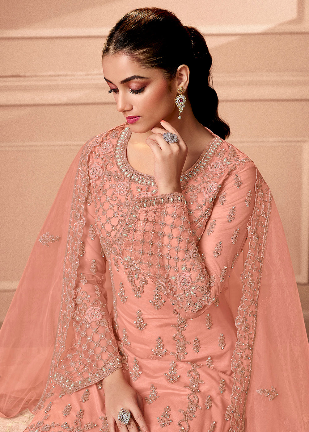 Buy Wedding Salwar Suit Pant Style Peach Embroidered Salwar Suit