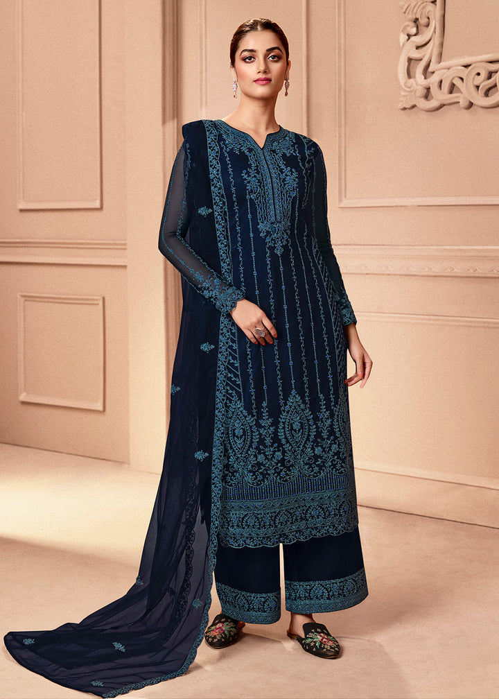 Buy Now Pant Style Midnight Blue Embroidered Wedding Salwar Suit Online in USA, UK, Canada & Worldwide at Empress Clothing.