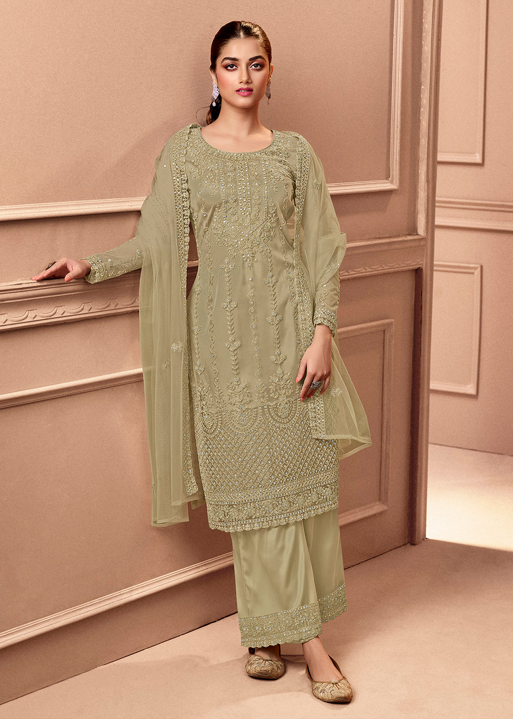 Pant Style Dusty Grey Embroidered Wedding Salwar Suit