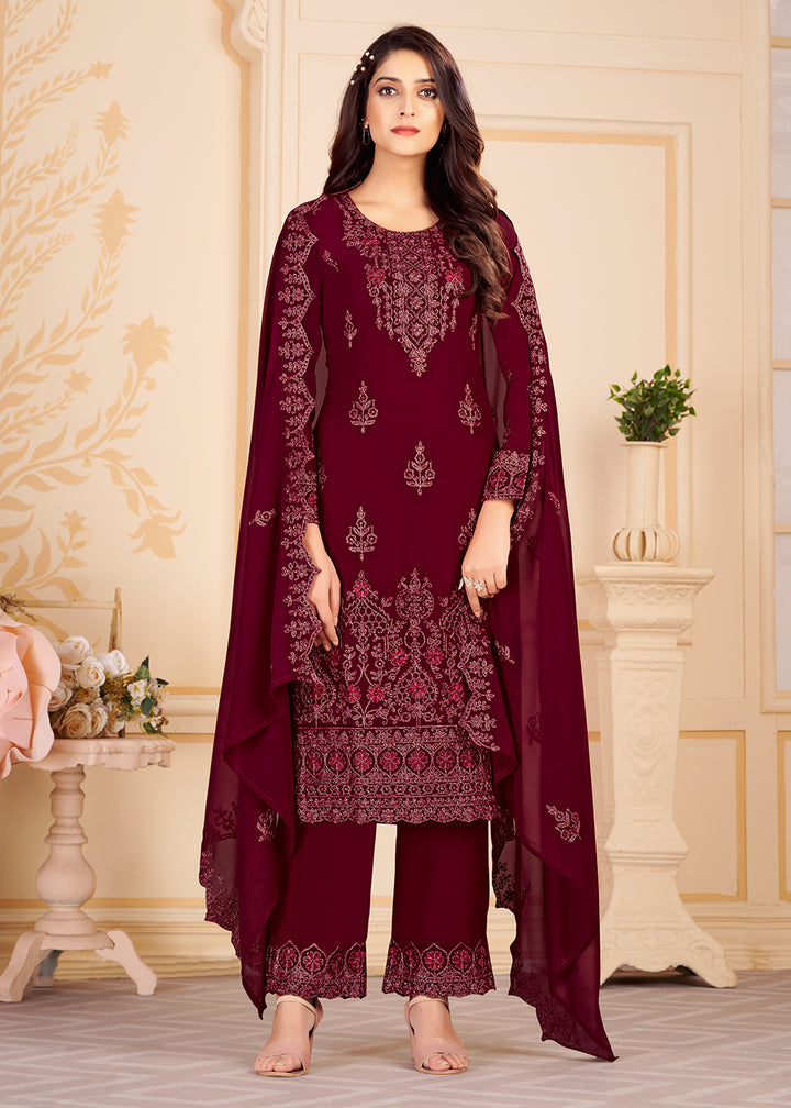 Buy Now Trendy Maroon Georgette Eid Wear Salwar Kurta Suit Online in USA, UK, Canada & Worldwide at Empress Clothing.