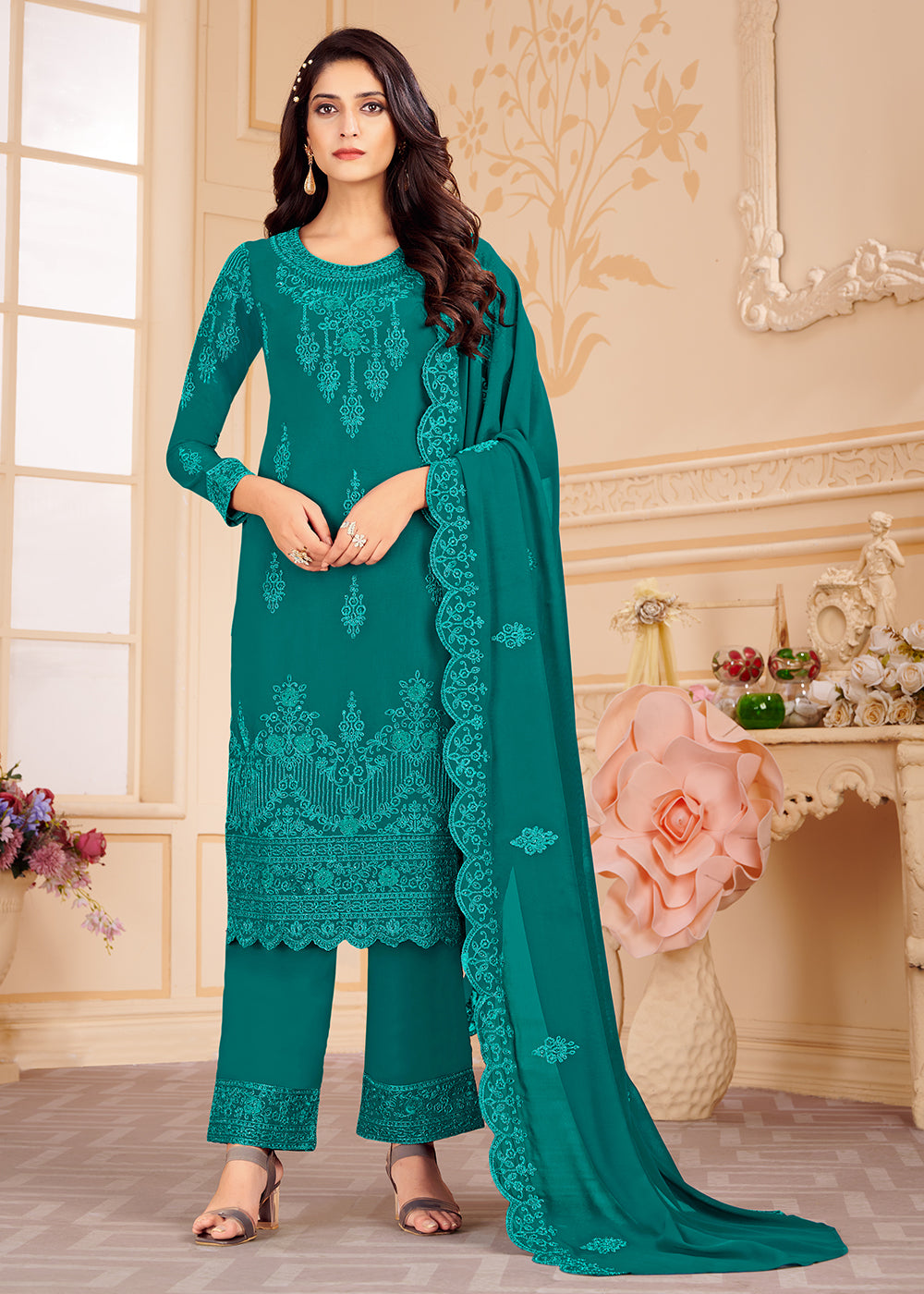Buy Now Trendy Teal Blue Georgette Eid Wear Salwar Kurta Suit Online in USA, UK, Canada & Worldwide at Empress Clothing.