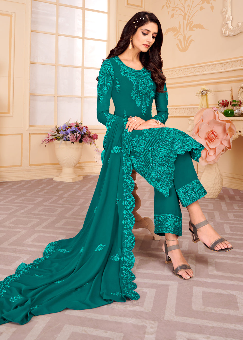 Buy Now Trendy Teal Blue Georgette Eid Wear Salwar Kurta Suit Online in USA, UK, Canada & Worldwide at Empress Clothing.