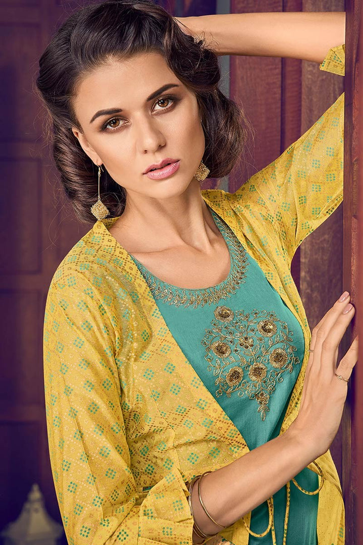 Buy Jacket Style Teal & Yellow Suit - Embroidered Designer Suit