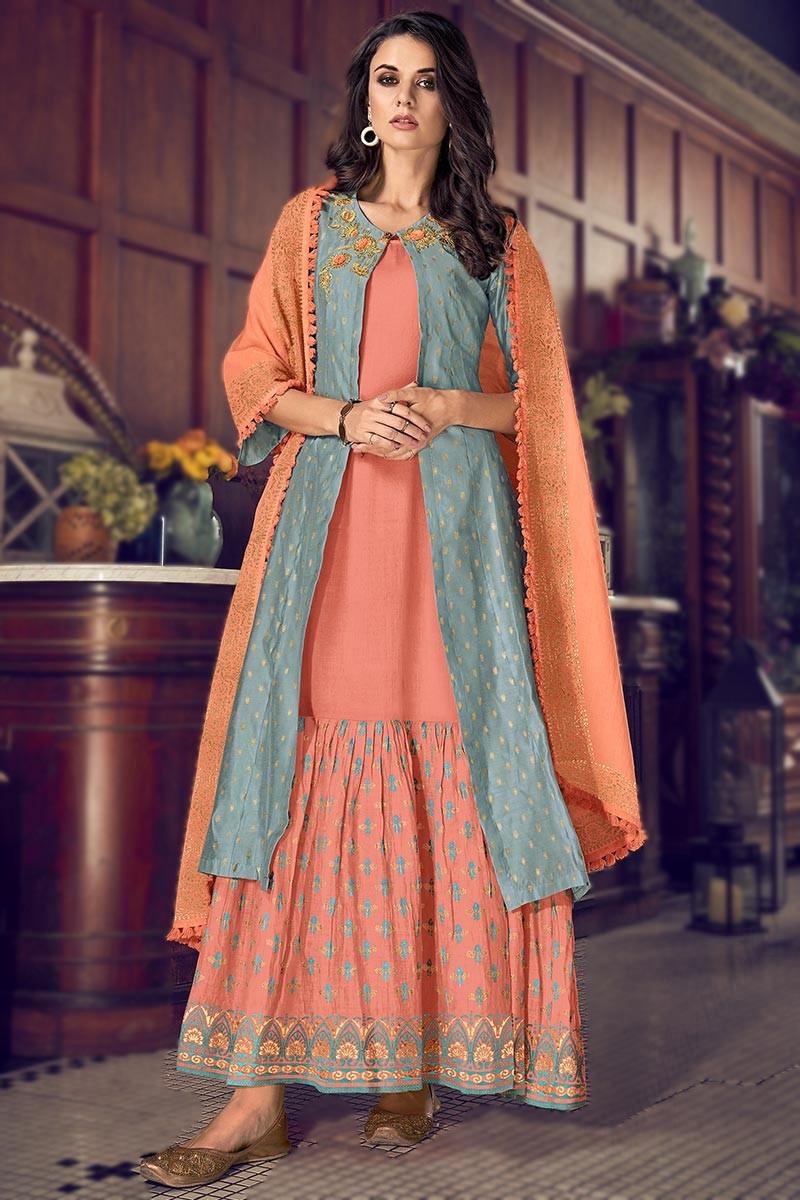 Buy Jacket Style Dazzling Peach Suit - Embroidered Designer Suit