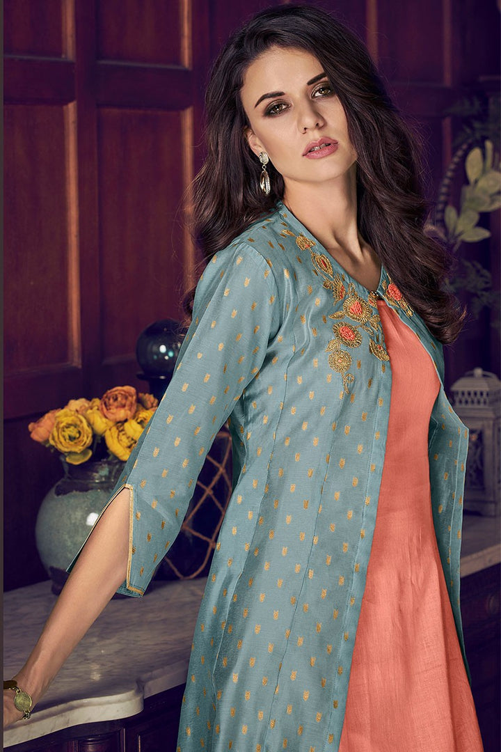 Buy Jacket Style Dazzling Peach Suit - Embroidered Designer Suit