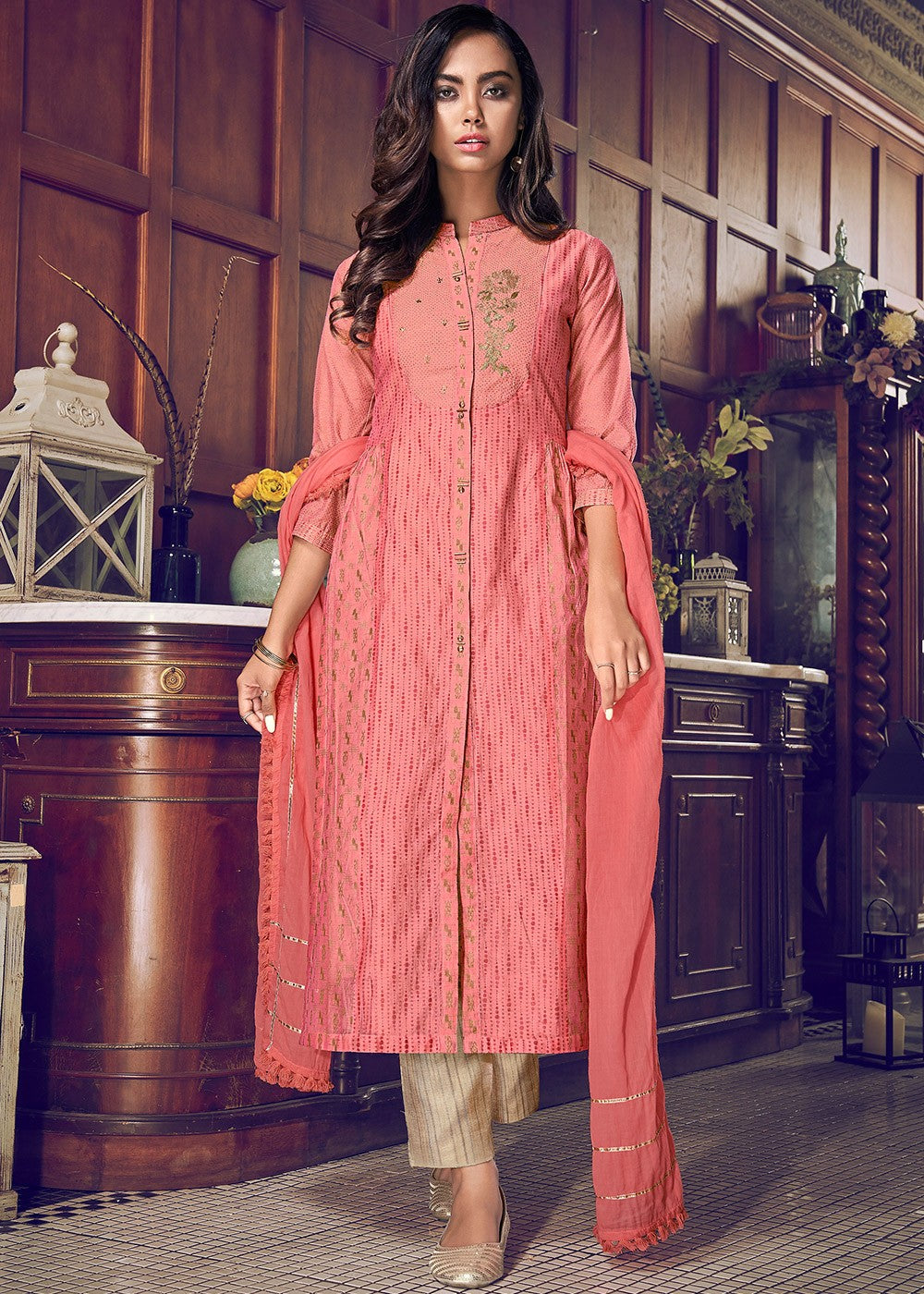 Buy Pant Style Peachy Pink Suit - Embroidered Designer Suit