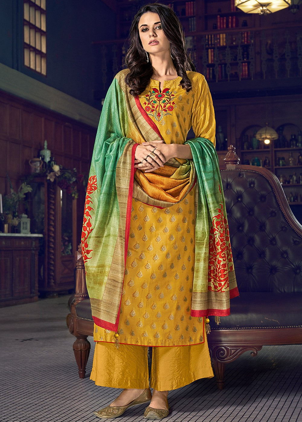 Buy Palazzo Style Mustard Yellow Suit - Embroidered Designer Suit