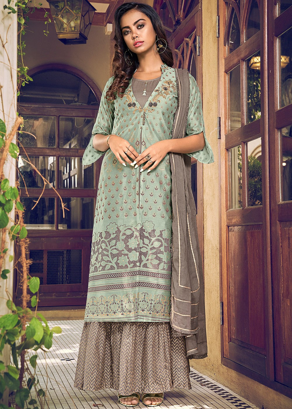 Buy Palazzo Style Bluish Grey Suit - Embroidered Designer Suit