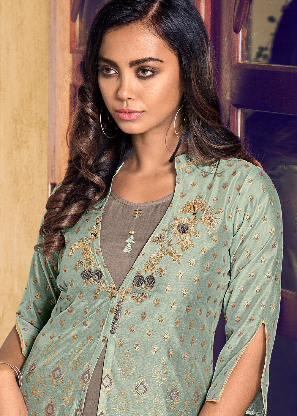 Buy Palazzo Style Bluish Grey Suit - Embroidered Designer Suit