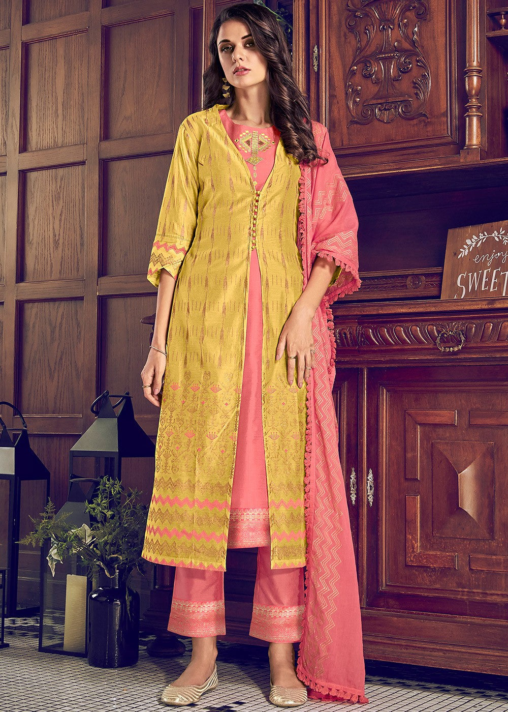 Buy Jacket Style Yellow & Pink Suit - Embroidered Designer Suit