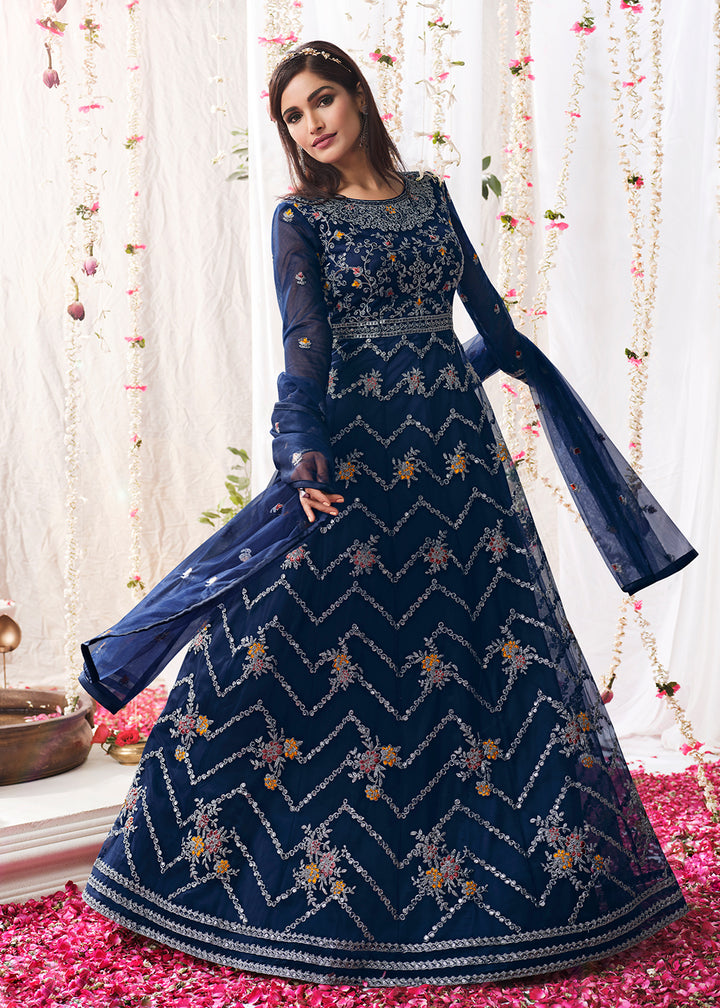 Buy Space Blue Wedding Festive Anarkali - Floor Length Anarkali