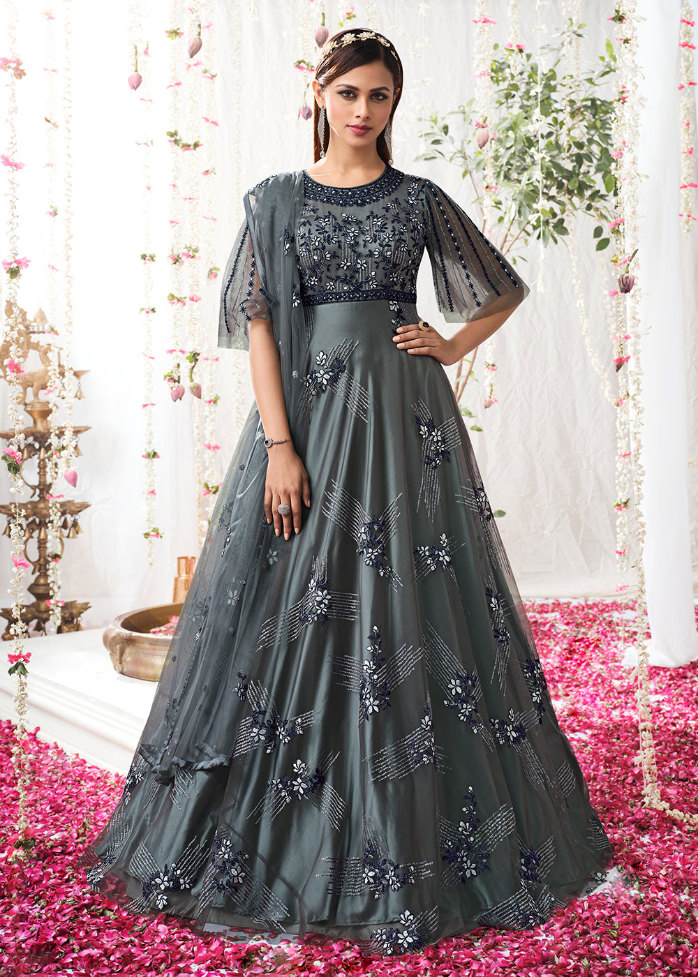 Buy Charcoal Grey Wedding Festive Anarkali - Floor Length Anarkali