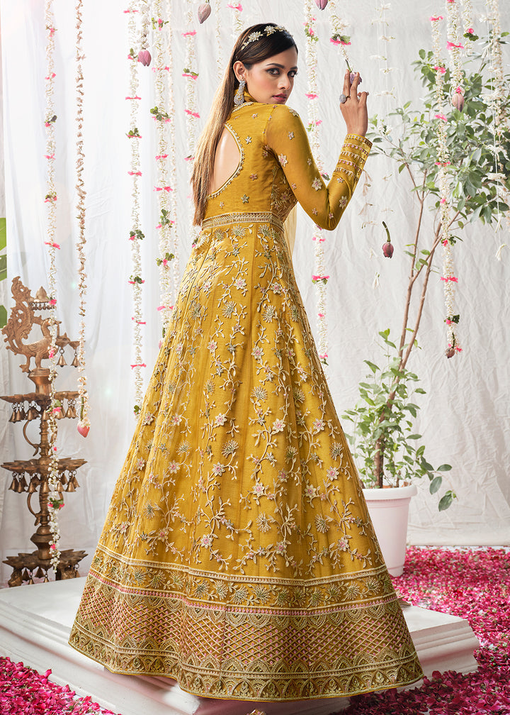 Buy Medallion Yellow Wedding Festive Anarkali - Floor Length Anarkali