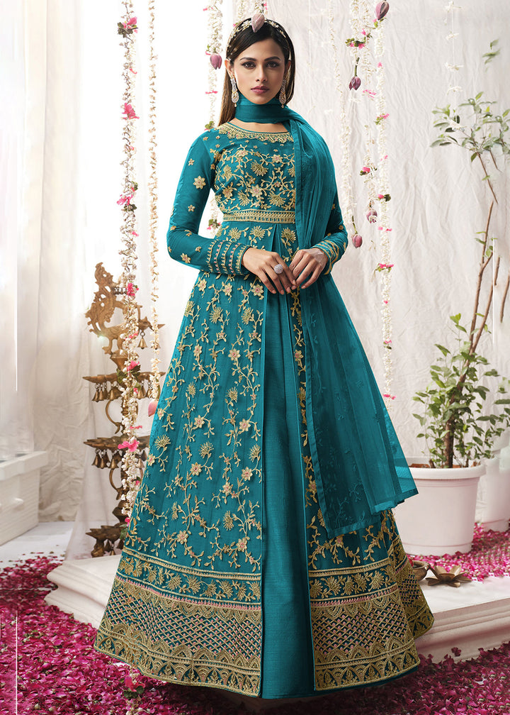 Buy Now Engaging Cyan Blue Wedding Festive Floor Length Anarkali Suit Online in USA, UK, Australia, New Zealand, Canada & Worldwide at Empress Clothing.