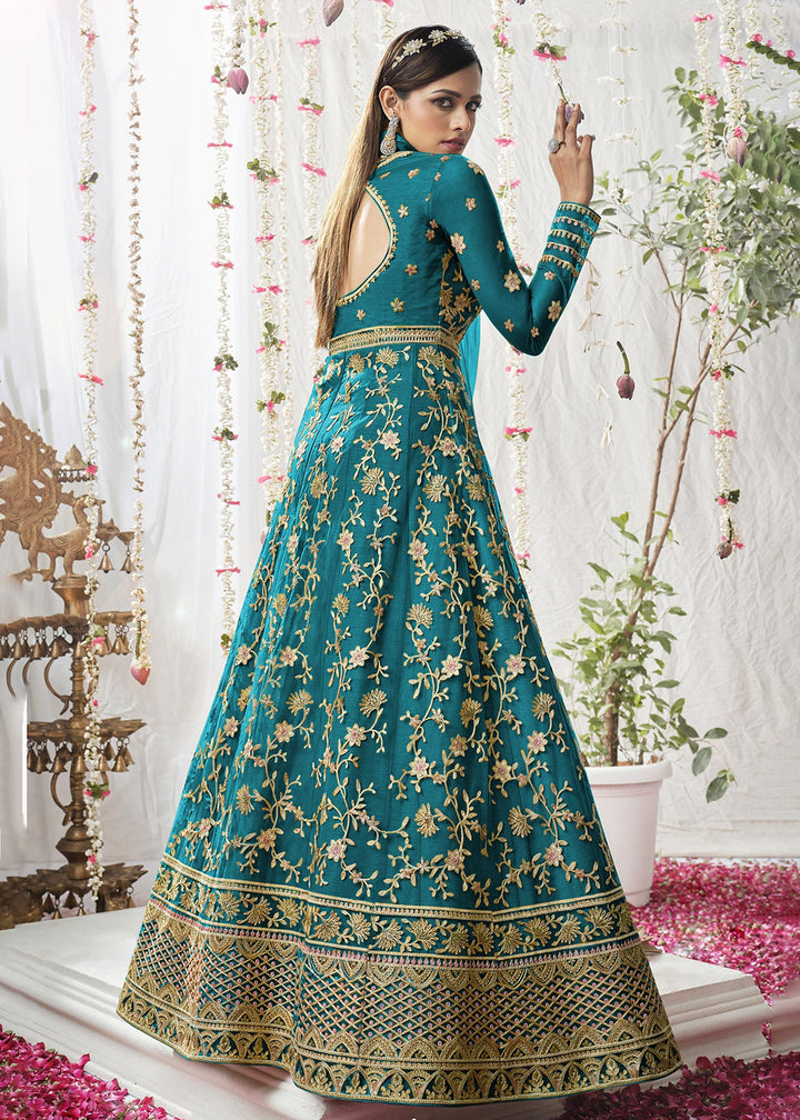 Buy Now Engaging Cyan Blue Wedding Festive Floor Length Anarkali Suit Online in USA, UK, Australia, New Zealand, Canada & Worldwide at Empress Clothing.