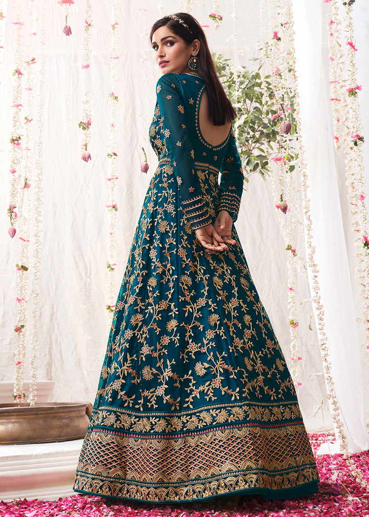 Buy Peacock Blue Wedding Festive Anarkali - Floor Length Anarkali