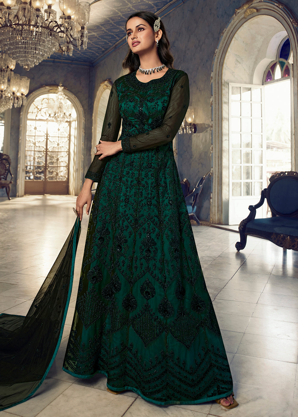 Buy Now Pine Green Wedding Party Net Designer Anarkali Suit Online in USA, UK, Australia, New Zealand, Canada & Worldwide at Empress Clothing.