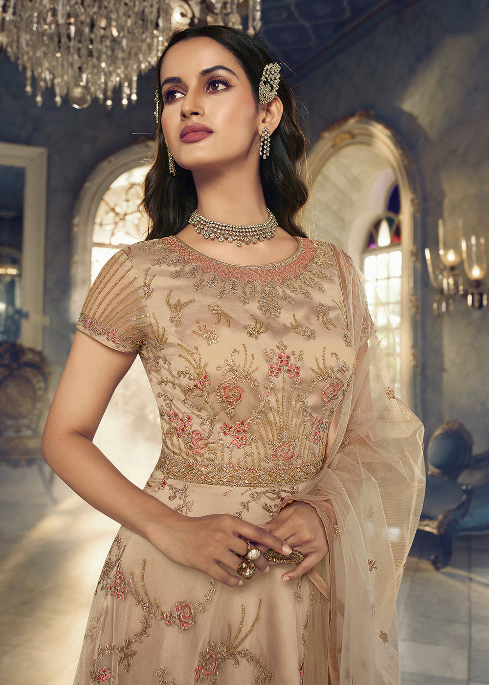 Buy Now Light Beige Wedding Party Net Designer Anarkali Suit Online in USA, UK, Australia, New Zealand, Canada & Worldwide at Empress Clothing. 