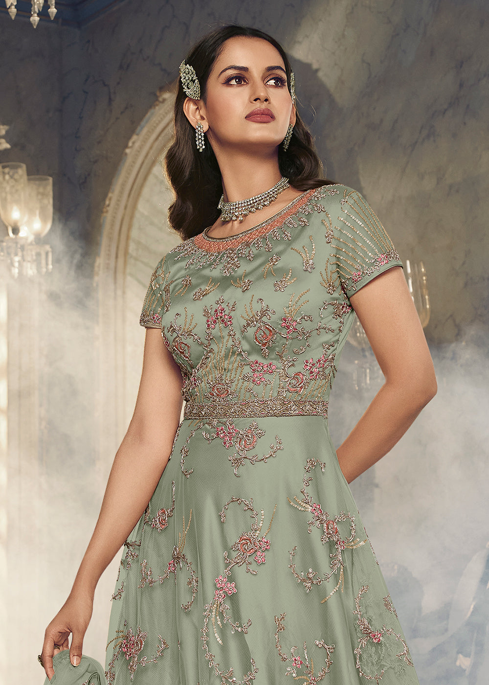 Buy Now Light Green Wedding Party Net Designer Anarkali Suit Online in USA, UK, Australia, New Zealand, Canada & Worldwide at Empress Clothing.