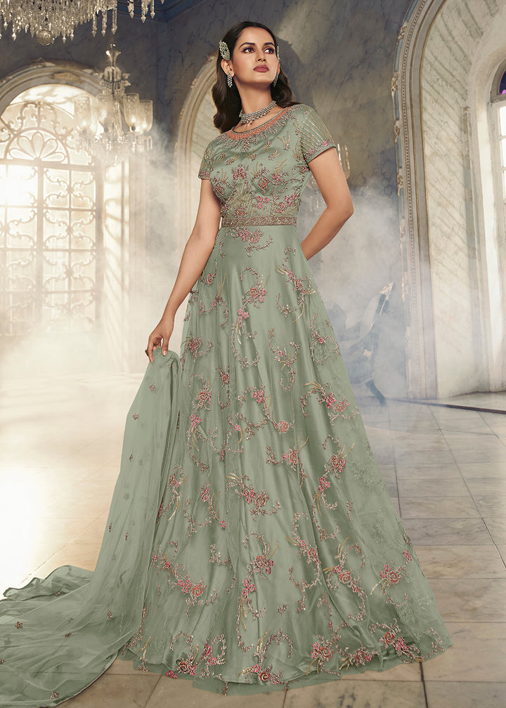 Buy Now Light Green Wedding Party Net Designer Anarkali Suit Online in USA, UK, Australia, New Zealand, Canada & Worldwide at Empress Clothing.
