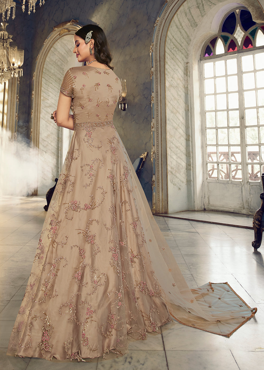 Buy Now Light Beige Wedding Party Net Designer Anarkali Suit Online in USA, UK, Australia, New Zealand, Canada & Worldwide at Empress Clothing. 