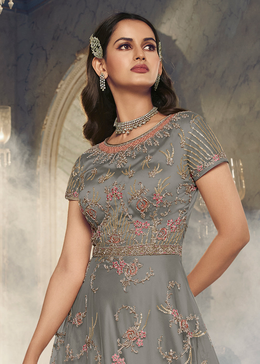 Buy Now Light Grey Wedding Party Net Designer Anarkali Suit Online in USA, UK, Australia, New Zealand, Canada & Worldwide at Empress Clothing.