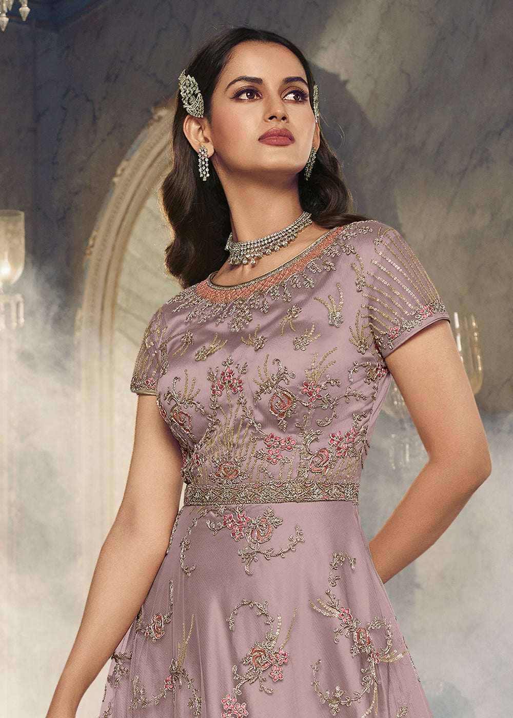 Buy Now Light Mauve Wedding Party Net Designer Anarkali Suit Online in USA, UK, Australia, New Zealand, Canada & Worldwide at Empress Clothing.